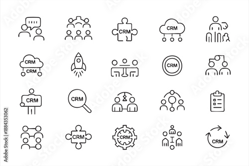 CRM Customer Management Line Icons for Sales Pipeline Dashboards, Team Collaboration Apps