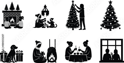 Christmas family silhouette illustration set with cozy winter holiday activities, fireplace, tree decorating, gifts and warm home scenes, black vector collection