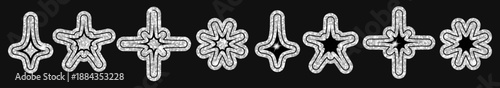 Y2K star sparkle bling shapes in silver glitter. Simple geometric signs with glossy outlines, twinkle bursts, cross forms on dark background. Futuristic sticker set for posters, branding, prints, ads.