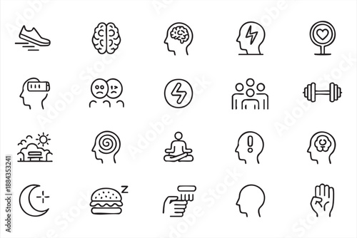 Mental Health Wellness Line Icons for Therapy Apps, Stress Management Dashboards