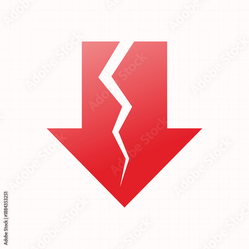 Minimalist red broken arrow pointing down for stock market drop and investment risk vector illustration