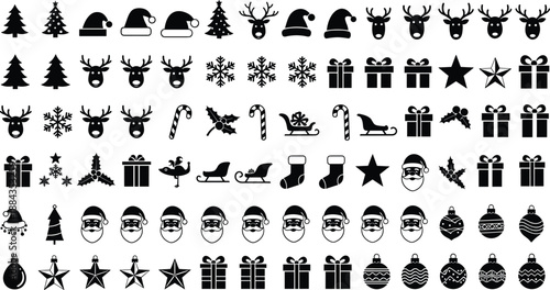 Christmas holiday icon silhouettes mega set, Santa faces gifts reindeer trees ornaments and festive symbols, black seasonal vector illustration bundle