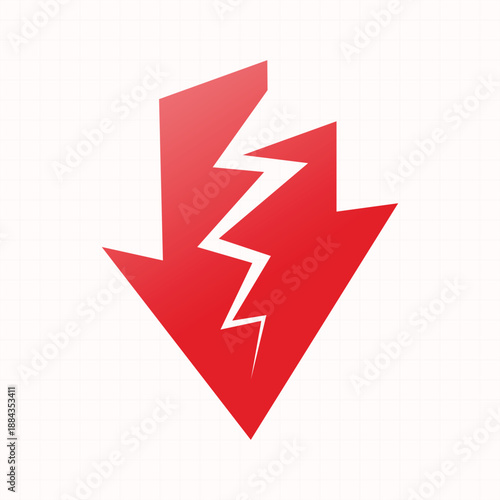 Economic crisis split red arrow down with zigzag crack vector symbol for inflation and debt concept