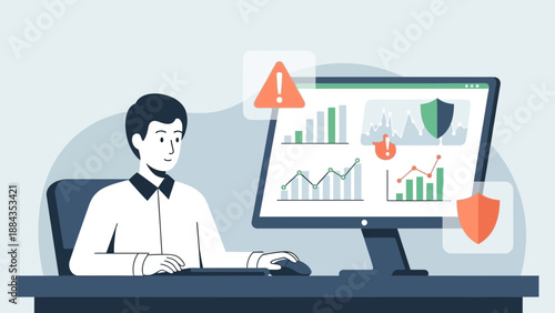 Man Analyzing Security Data on Computer with Alerts and Graphs.