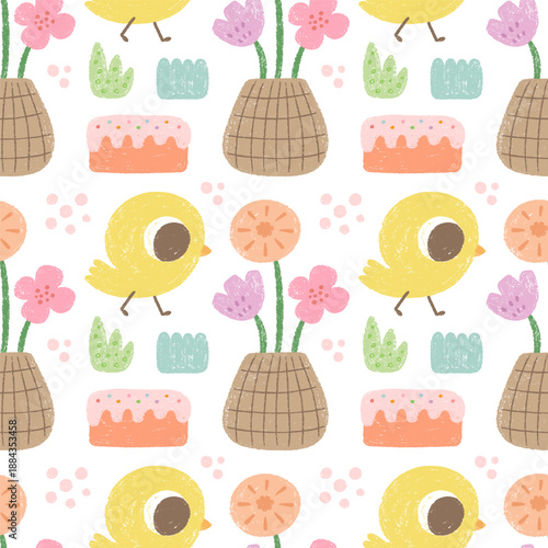 Paschal seamless pattern with Easter cake, chik, spring flowers in basket.
