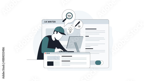 Man analyzing website data with magnifying glass and lightbulb icons.