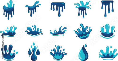 Collection of blue water splash and drop vector illustrations