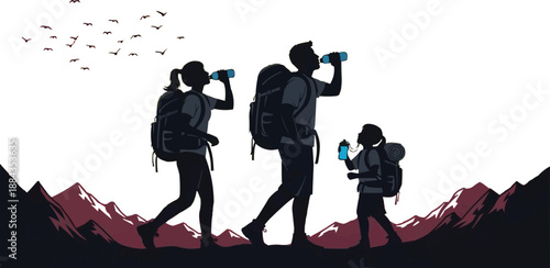 Vector illustration of group of hikers, trekking with their water bottle  