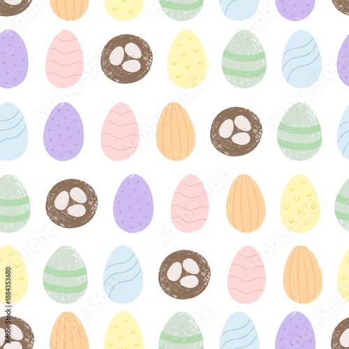 Paschal seamless pattern with various painted chalk Easter eggs, nest.