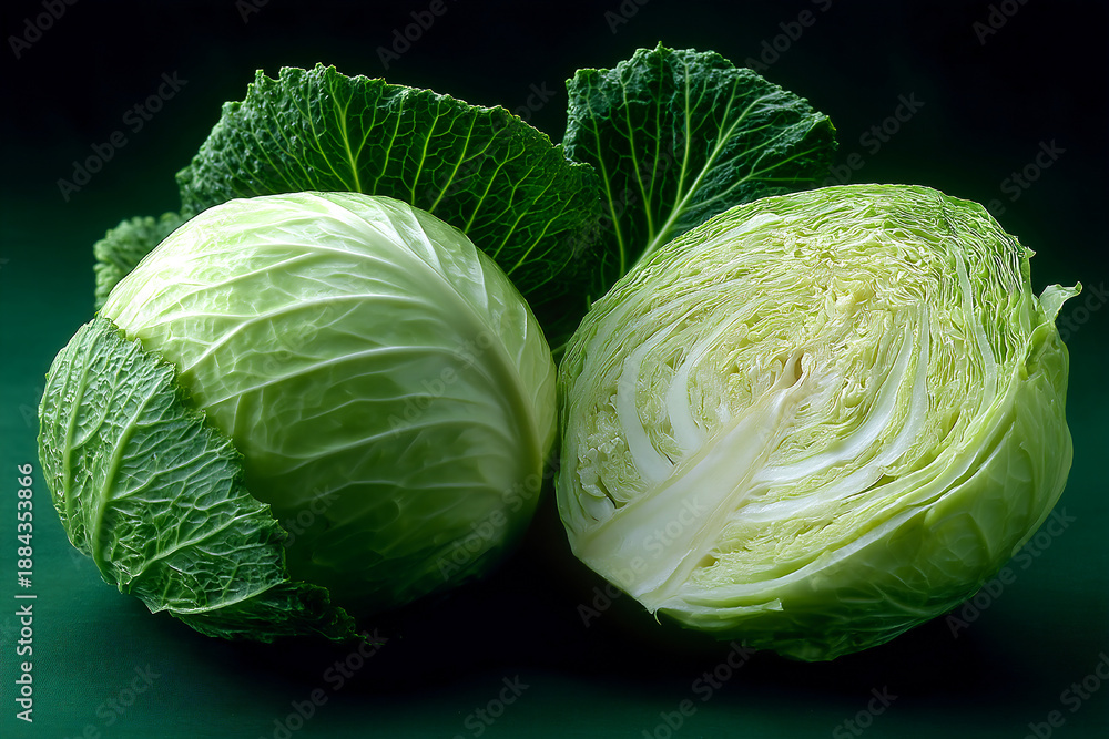 Obraz premium Fresh cabbage with halved variety showcasing texture and color details Generative AI