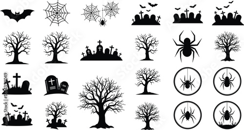 Halloween silhouette illustration set with bats, spiders, graveyard crosses, spider webs and spooky trees, black horror vector collection for dark themed designs