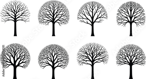 Leafless deciduous tree silhouettes set, bare winter branches with rounded crowns, minimalist forest nature icons collection, black flat vector illustration bundle
