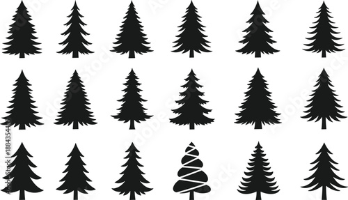Minimalist evergreen pine tree silhouettes set, black forest icons collection, Christmas winter nature symbols, modern flat vector illustration bundle