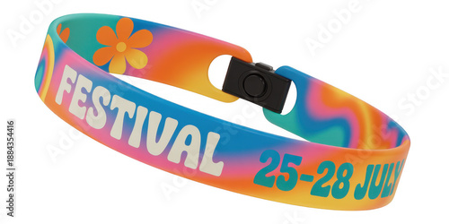 Colorful festival wristband with white and teal text isolated on a transparent background