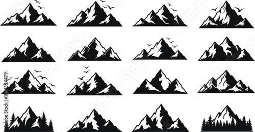 Mountain silhouette collection, alpine peaks and snowy ranges icons set, black nature landscape vector illustration bundle for outdoor adventure branding