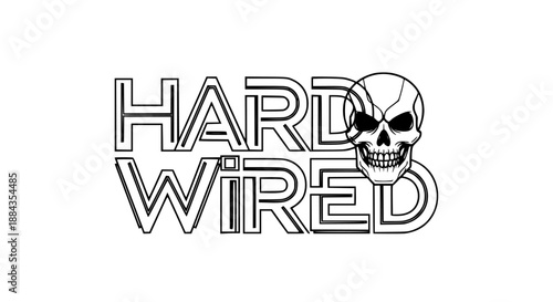 Black and white stylized graphic logo design featuring the words hard wired above each other with an aggressive skull graphic replacing the letter d.