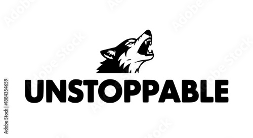 Striking black and white minimalist logo featuring a roaring wolf head graphic above the bold, impactful word unstoppable representing relentless drive and powerful ambition.