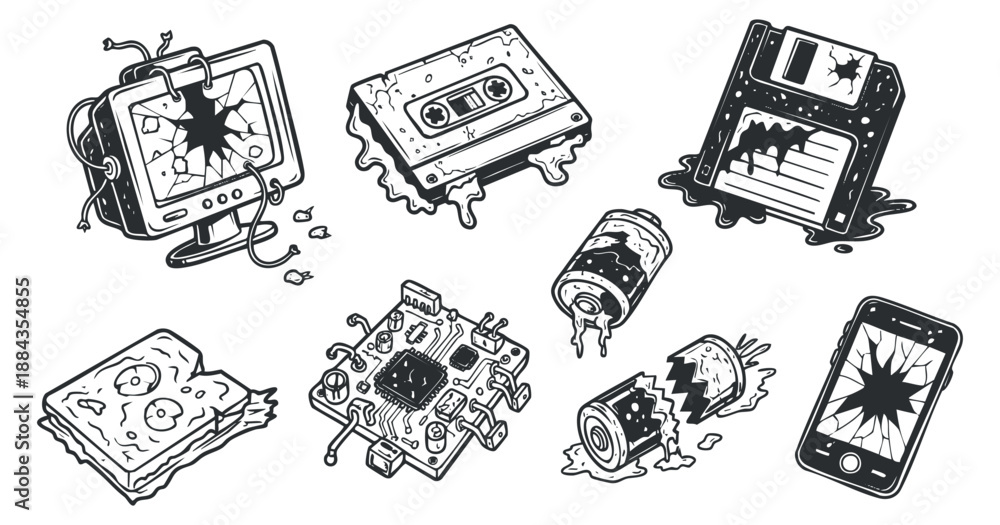 Naklejka premium A collection of broken vintage gadgets and electronics in black and white cartoon vector style, ideal for tech-themed projects