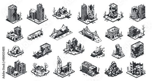 A collection of isometric city buildings, urban landscapes, and structures in detailed black and white vector style, ideal for architectural design projects