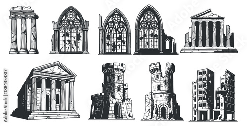 A collection of historic architectural structures including columns, cathedrals, castles, and ruins in black and white outline vector style, ideal for design projects related to history and culture
