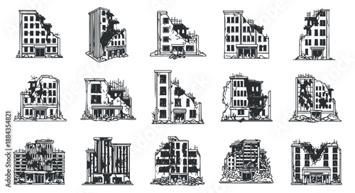 A collection of dilapidated and destroyed buildings in black and white outline vector style, ideal for urban decay themes and creative projects