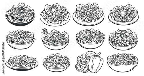 A collection of various salad bowls with fresh vegetables in black and white outline style, perfect for healthy food design