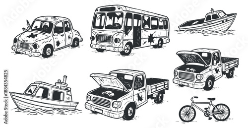 A collection of vintage vehicles including cars, a bus, a truck, boats, and a bicycle in black and white outline style, ideal for transportation-themed projects