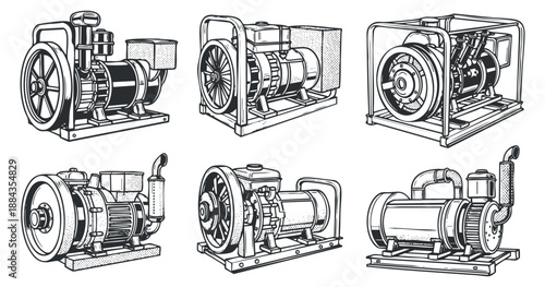 A collection of electric generators and motors in detailed outline vector style, suitable for engineering and industrial design projects