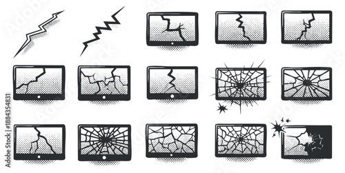 A set of cracked and broken television screens in black and white vector style, ideal for graphic design projects and media themes