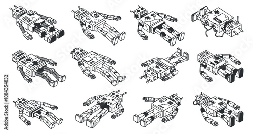 A set of robotic hands in geometric outline vector style, ideal for technology and engineering projects
