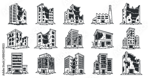 A set of abandoned and damaged buildings in black and white vector style, ideal for urban decay design projects