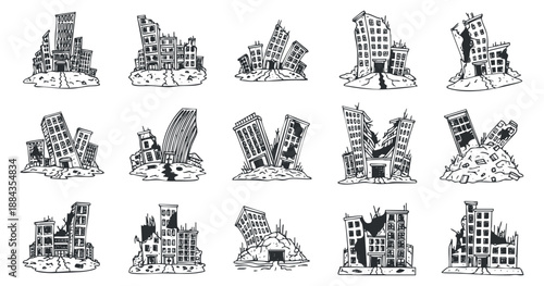 A collection of damaged and collapsed buildings in black and white vector style, ideal for disaster-themed projects