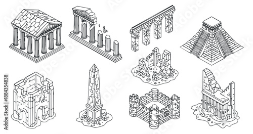 A collection of isometric ancient architectural landmarks including temples, pyramids, and columns in clean outline vector style, ideal for educational projects and historical illustrations