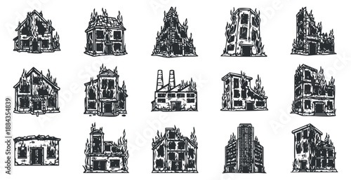 A collection of burning buildings and factories in black and white outline style, ideal for disaster awareness projects