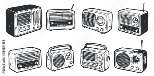 A collection of vintage radios in black and white sketch style, ideal for retro-themed design projects