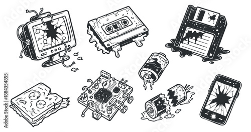 A collection of broken vintage gadgets and electronics in black and white cartoon vector style, ideal for tech-themed projects