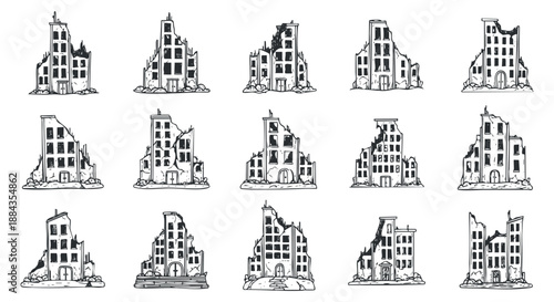 A collection of hand-drawn sketches of ruined buildings in outline vector style, suitable for design projects and illustrations of urban decay