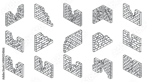 A set of outlined brick wall structures in geometric vector style, ideal for architectural design projects and illustrations