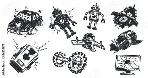 A collection of cartoon robots, a damaged car, gears, and a broken computer in black and white outline vector style, suitable for technology and innovation projects