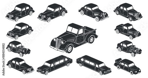 A collection of vintage cars including sedans, pickup trucks, and limousines in black and white vector style, ideal for automotive design projects
