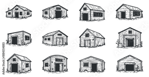 A collection of rustic barn and shed illustrations in black and white outline vector style, ideal for farm-themed designs and projects