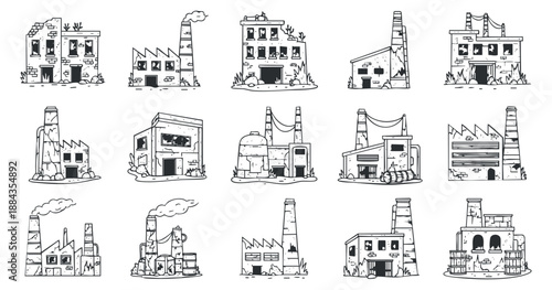 A collection of 16 industrial factory illustrations in black and white outline style, perfect for urban design projects