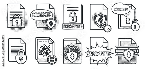 A collection of vector icons depicting cracked and encrypted documents with locks and shields in black and white outline style, ideal for cybersecurity themes and digital safety projects