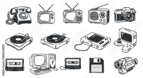 A collection of vintage technology icons including telephones, televisions, cameras, and record players in black and white outline style, perfect for retro design projects
