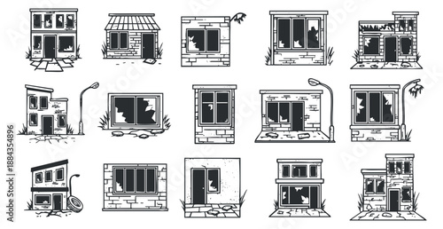 A collection of detailed building facades and windows in black and white outline vector style, ideal for architectural design projects