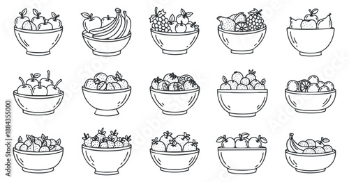 A collection of bowls filled with various fruits in outline black and white vector style, suitable for health and nutrition projects