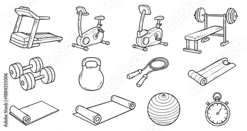 A collection of fitness equipment illustrations including dumbbells, kettlebell, treadmill, and yoga mat in minimalist black and white vector style, perfect for health and wellness branding