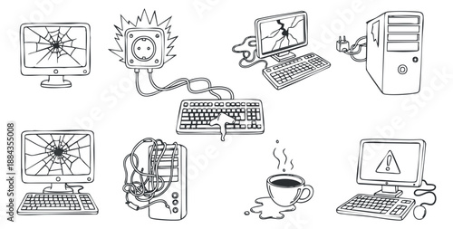 A collection of broken computer elements including cracked monitors, tangled cables, and spilled coffee in simple line art vector style, ideal for tech-related designs and repair services