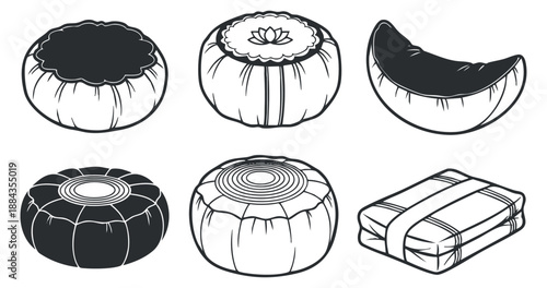 A collection of various cushions and pillows in black and white outline vector style, suitable for interior design projects