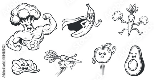A collection of strong and energetic cartoon vegetable characters including broccoli, banana, and carrot in black and white outline vector style, perfect for health and fitness branding